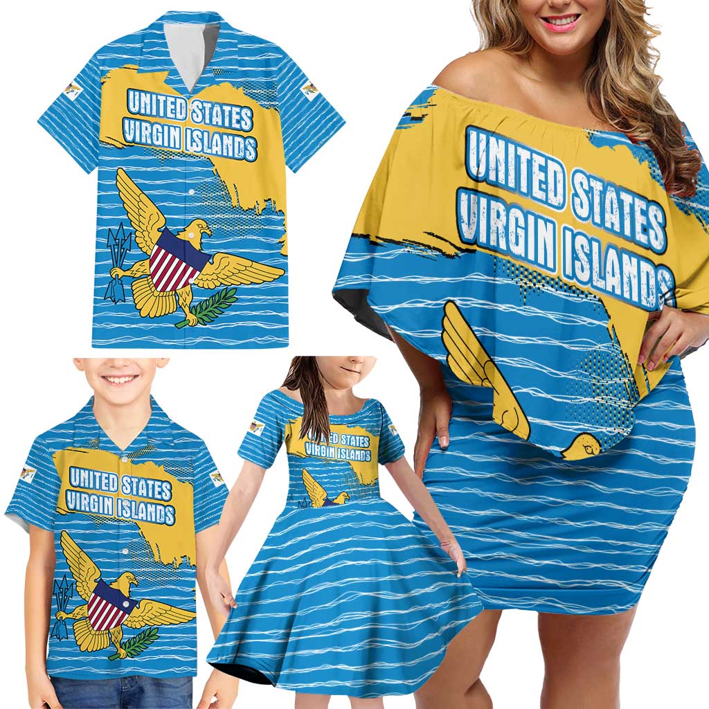 United States Virgin Islands Family Matching Off Shoulder Short Dress and Hawaiian Shirt with Blue Yellow Ocean Design and Eagle Map Pattern - Wonder Print Shop