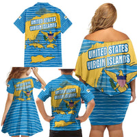 United States Virgin Islands Family Matching Off Shoulder Short Dress and Hawaiian Shirt with Blue Yellow Ocean Design and Eagle Map Pattern - Wonder Print Shop