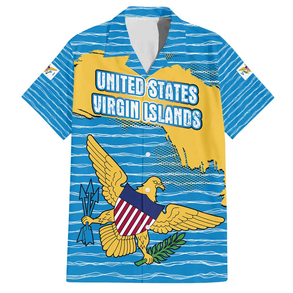 United States Virgin Islands Family Matching Off Shoulder Short Dress and Hawaiian Shirt with Blue Yellow Ocean Design and Eagle Map Pattern - Wonder Print Shop