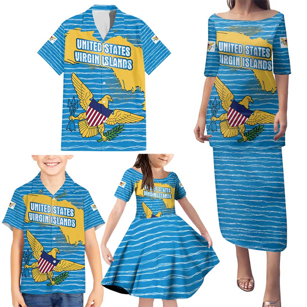 United States Virgin Islands Family Matching Puletasi and Hawaiian Shirt with Blue Yellow Ocean Design and Eagle Map Pattern - Wonder Print Shop