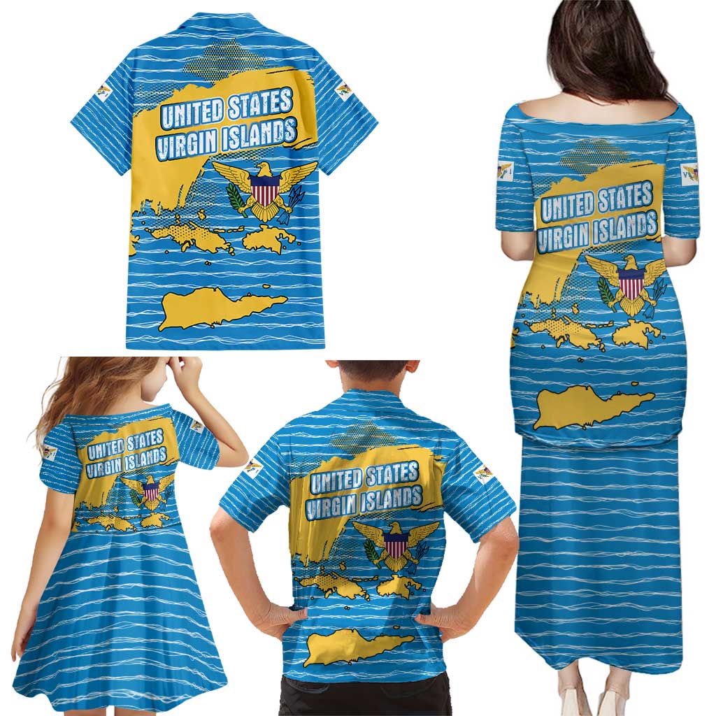 United States Virgin Islands Family Matching Puletasi and Hawaiian Shirt with Blue Yellow Ocean Design and Eagle Map Pattern - Wonder Print Shop