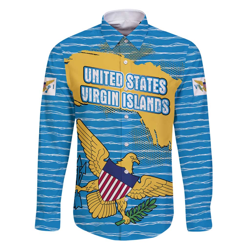 United States Virgin Islands Family Matching Puletasi and Hawaiian Shirt with Blue Yellow Ocean Design and Eagle Map Pattern - Wonder Print Shop