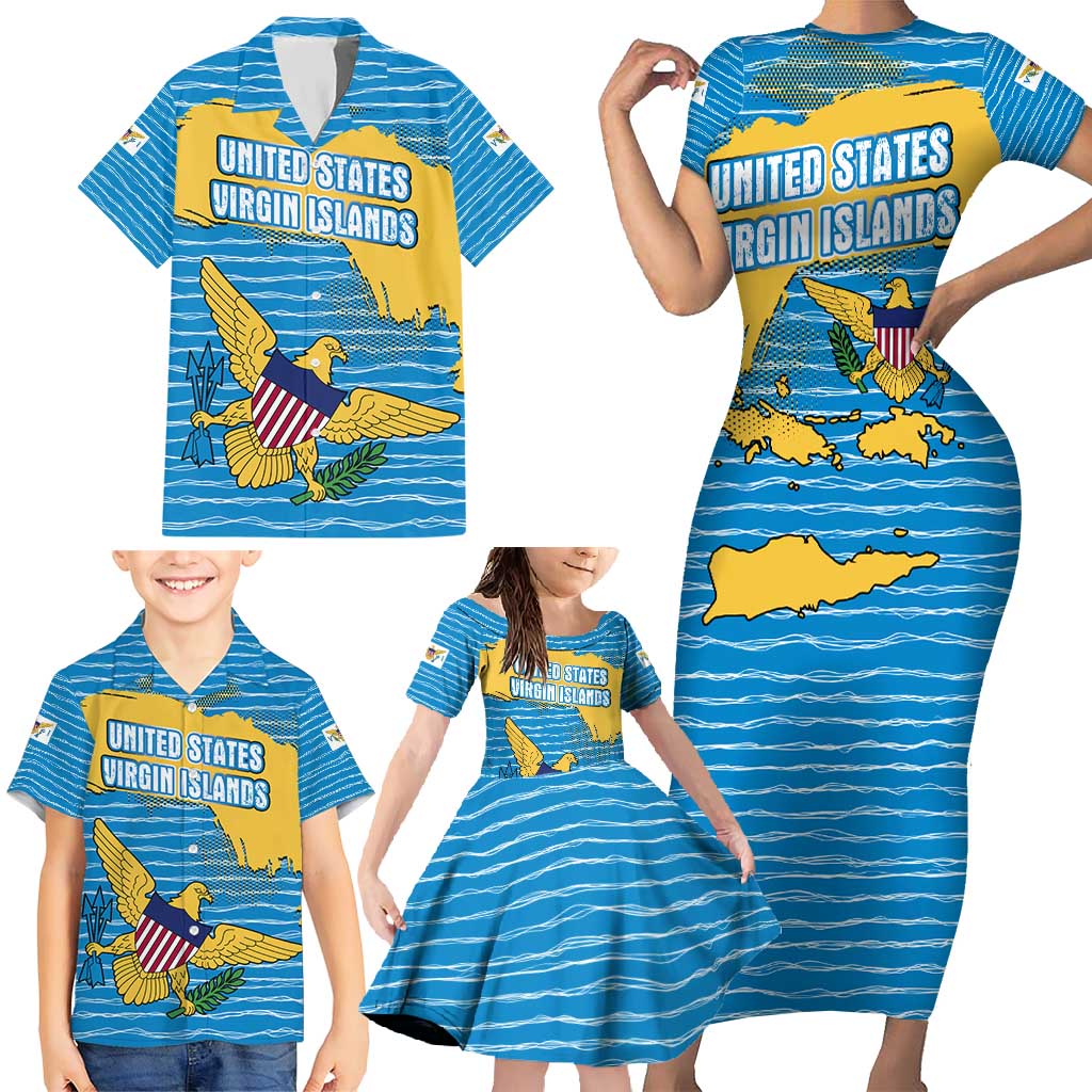 United States Virgin Islands Family Matching Short Sleeve Bodycon Dress and Hawaiian Shirt with Blue Yellow Ocean Design and Eagle Map Pattern - Wonder Print Shop