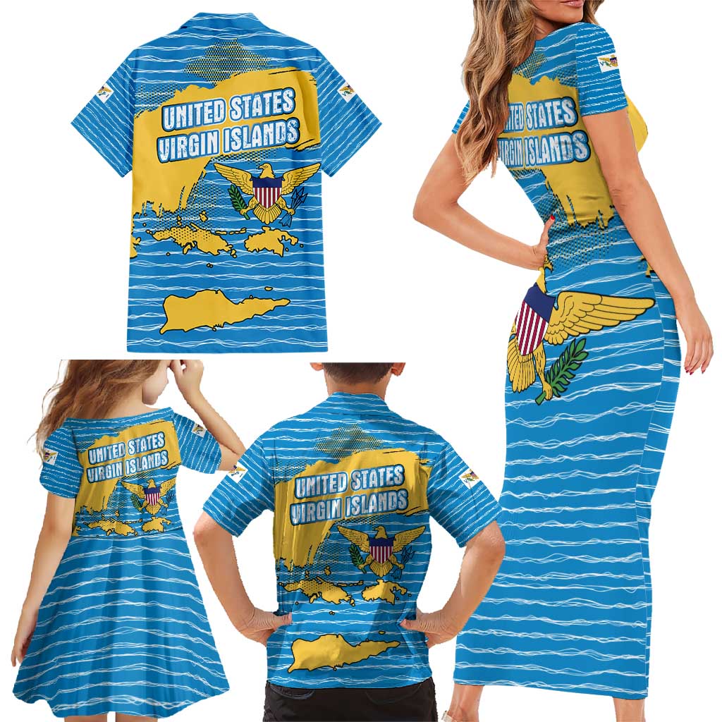 United States Virgin Islands Family Matching Short Sleeve Bodycon Dress and Hawaiian Shirt with Blue Yellow Ocean Design and Eagle Map Pattern - Wonder Print Shop