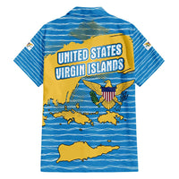 United States Virgin Islands Family Matching Short Sleeve Bodycon Dress and Hawaiian Shirt with Blue Yellow Ocean Design and Eagle Map Pattern - Wonder Print Shop