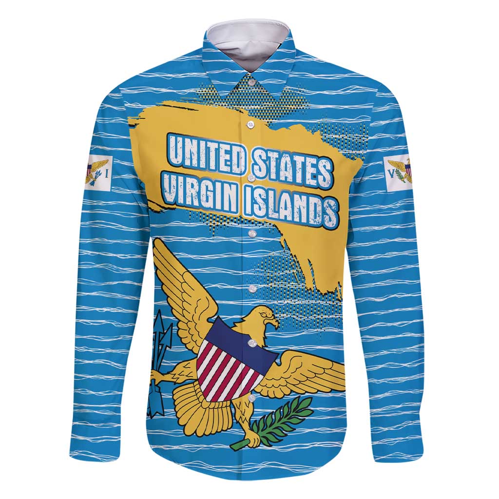 United States Virgin Islands Family Matching Short Sleeve Bodycon Dress and Hawaiian Shirt with Blue Yellow Ocean Design and Eagle Map Pattern - Wonder Print Shop
