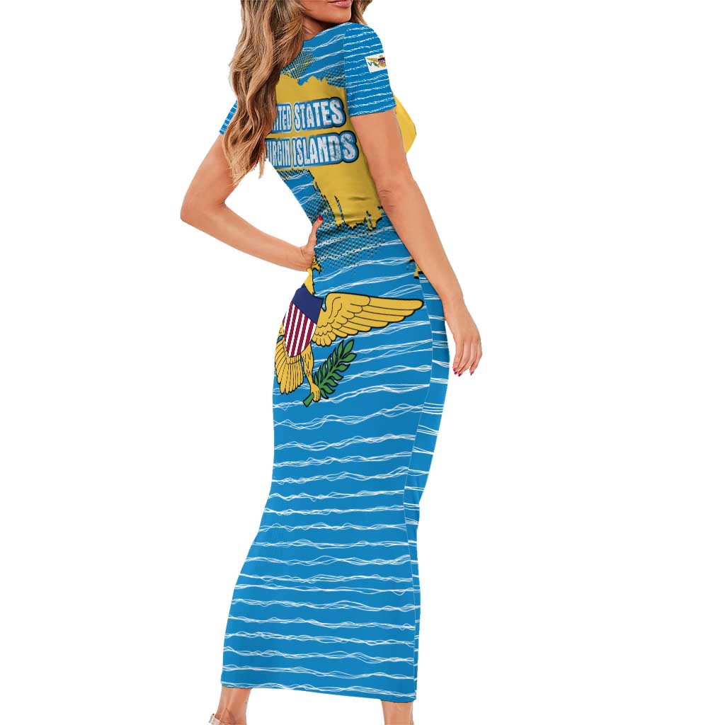 United States Virgin Islands Family Matching Short Sleeve Bodycon Dress and Hawaiian Shirt with Blue Yellow Ocean Design and Eagle Map Pattern - Wonder Print Shop