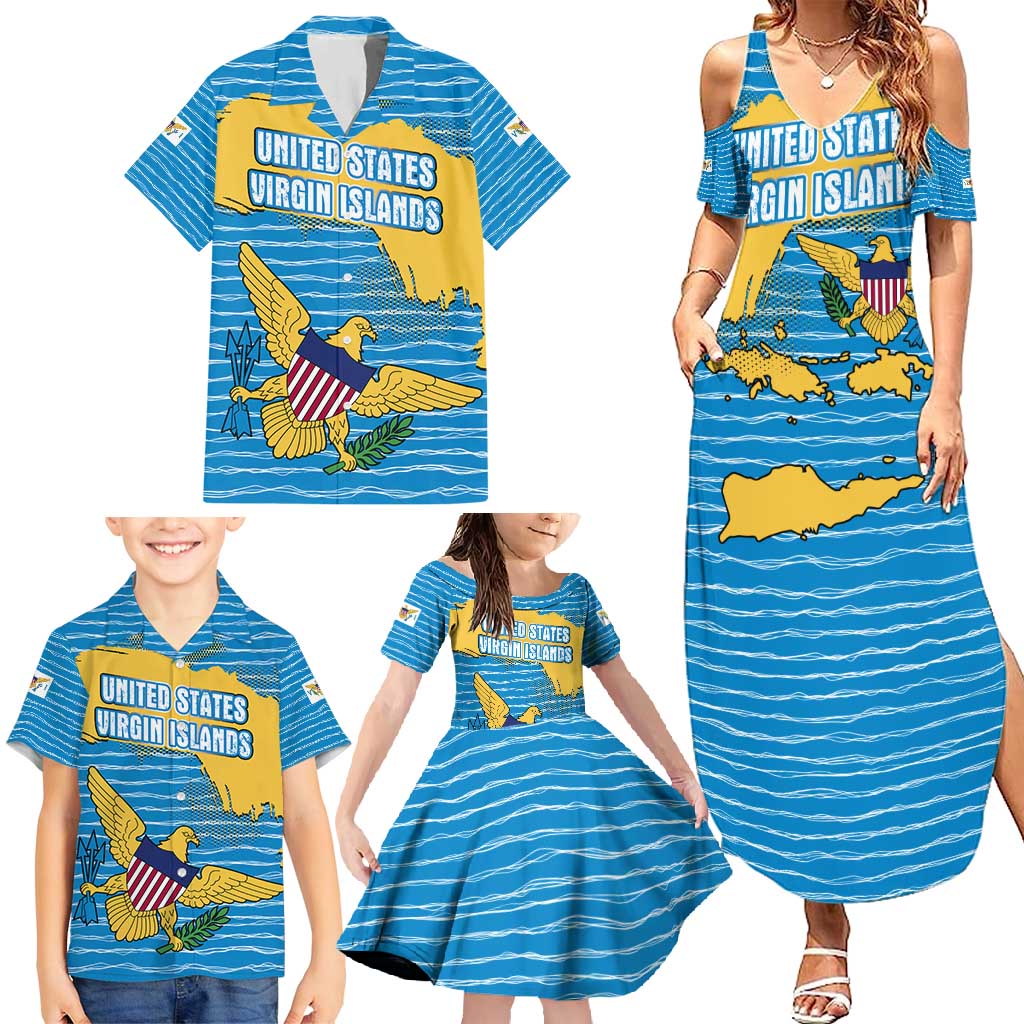 United States Virgin Islands Family Matching Summer Maxi Dress and Hawaiian Shirt with Blue Yellow Ocean Design and Eagle Map Pattern - Wonder Print Shop