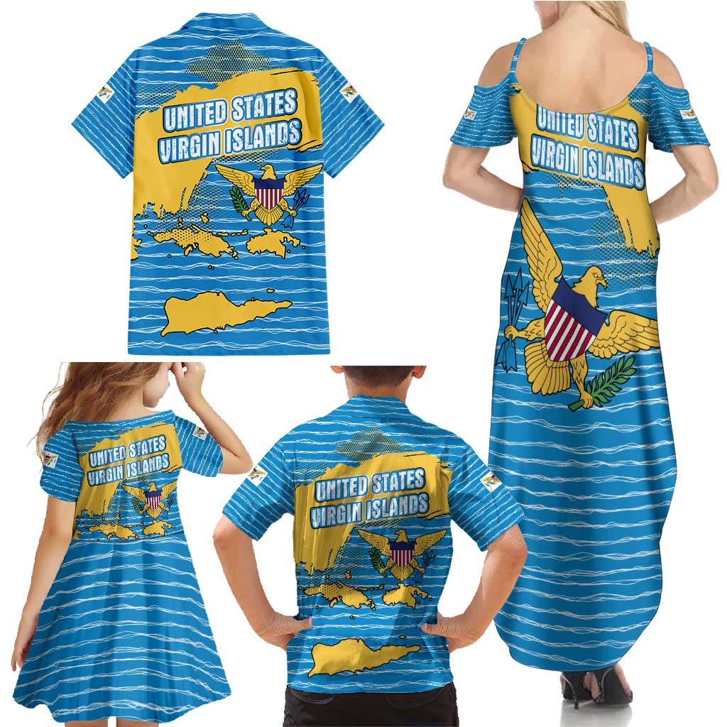 United States Virgin Islands Family Matching Summer Maxi Dress and Hawaiian Shirt with Blue Yellow Ocean Design and Eagle Map Pattern - Wonder Print Shop