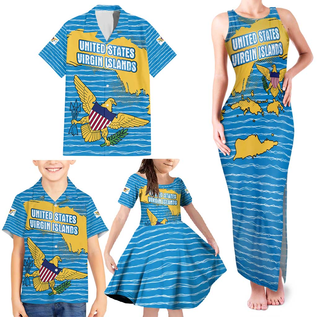 United States Virgin Islands Family Matching Tank Maxi Dress and Hawaiian Shirt with Blue Yellow Ocean Design and Eagle Map Pattern - Wonder Print Shop