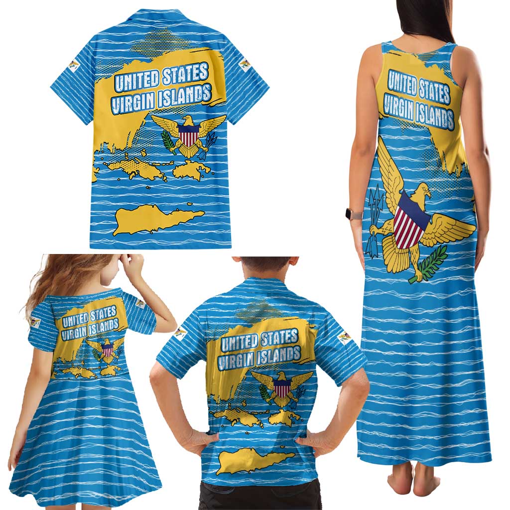 United States Virgin Islands Family Matching Tank Maxi Dress and Hawaiian Shirt with Blue Yellow Ocean Design and Eagle Map Pattern - Wonder Print Shop