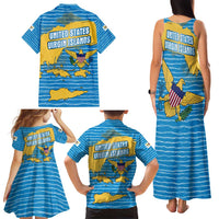 United States Virgin Islands Family Matching Tank Maxi Dress and Hawaiian Shirt with Blue Yellow Ocean Design and Eagle Map Pattern - Wonder Print Shop