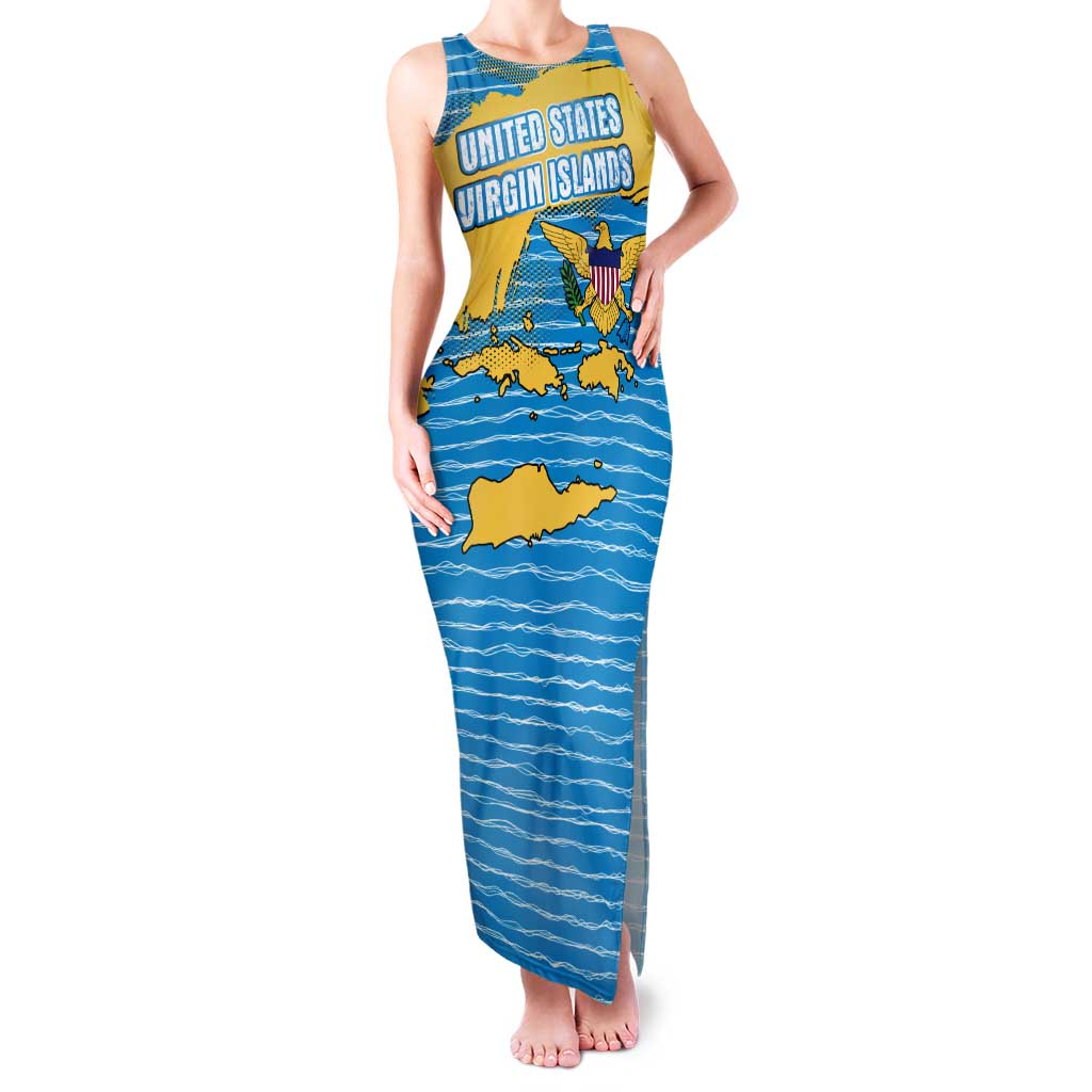 United States Virgin Islands Family Matching Tank Maxi Dress and Hawaiian Shirt with Blue Yellow Ocean Design and Eagle Map Pattern - Wonder Print Shop