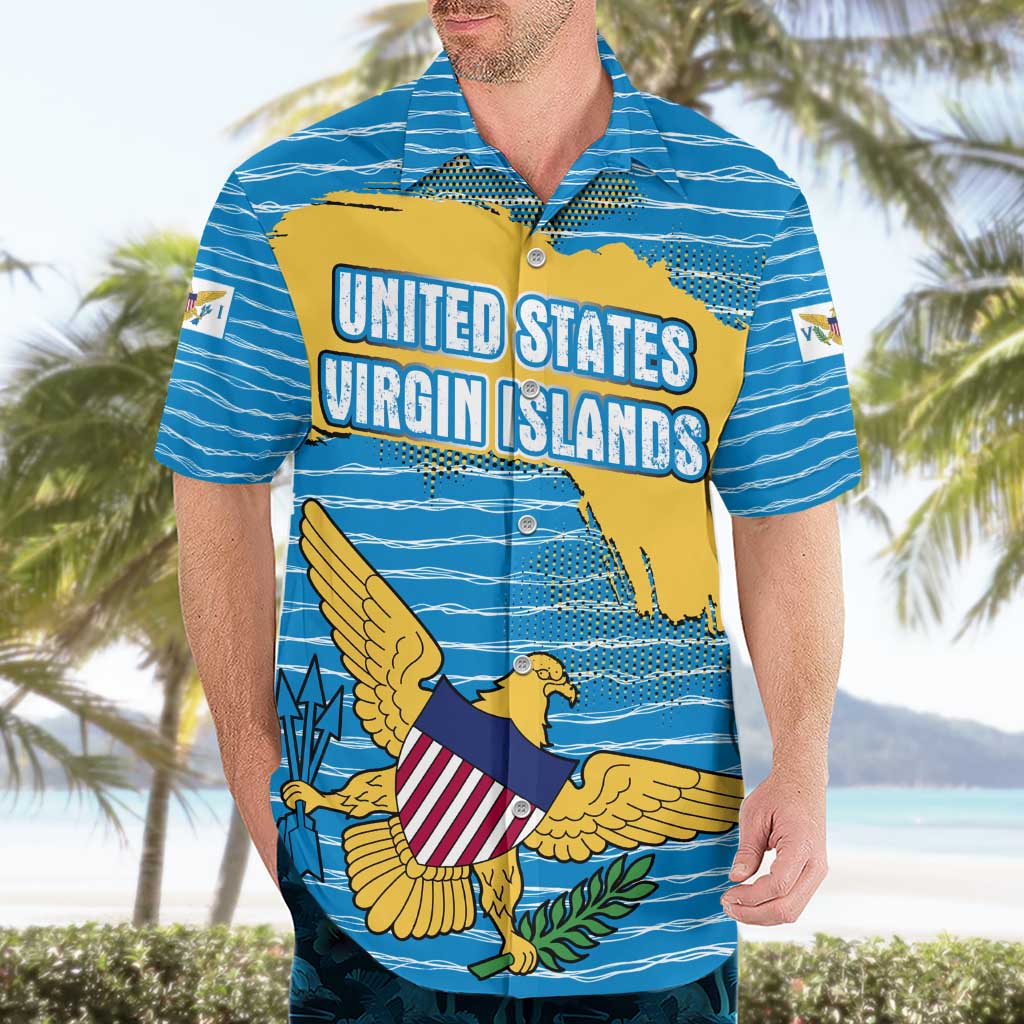 United States Virgin Islands Hawaiian Shirt with Blue Yellow Ocean Design and Eagle Map Pattern - Wonder Print Shop