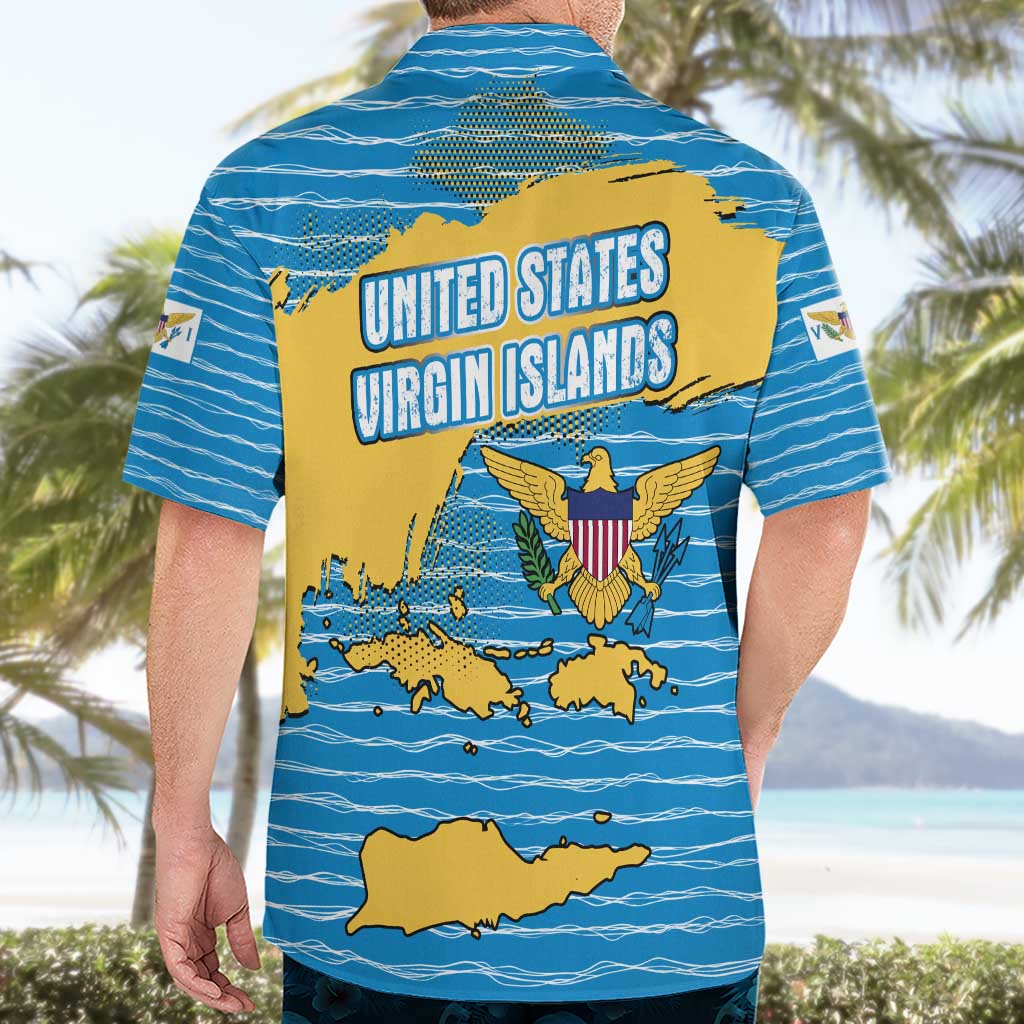 United States Virgin Islands Hawaiian Shirt with Blue Yellow Ocean Design and Eagle Map Pattern - Wonder Print Shop