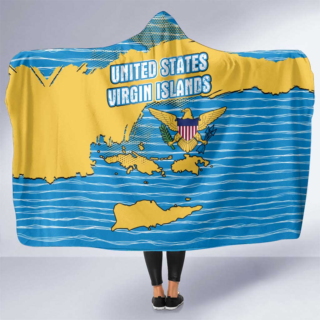 United States Virgin Islands Hooded Blanket with Blue Yellow Ocean Design and Eagle Map Pattern - Wonder Print Shop