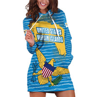 United States Virgin Islands Hoodie Dress with Blue Yellow Ocean Design and Eagle Map Pattern - Wonder Print Shop