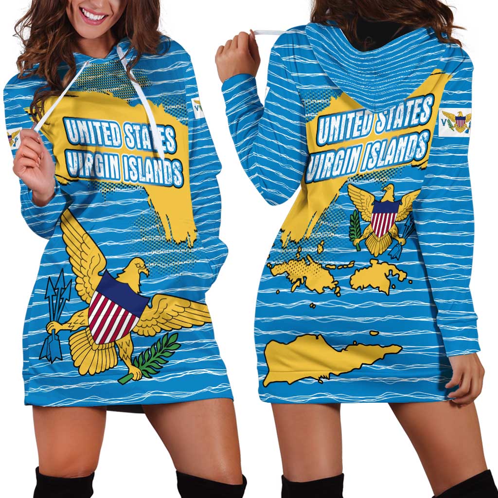 United States Virgin Islands Hoodie Dress with Blue Yellow Ocean Design and Eagle Map Pattern - Wonder Print Shop