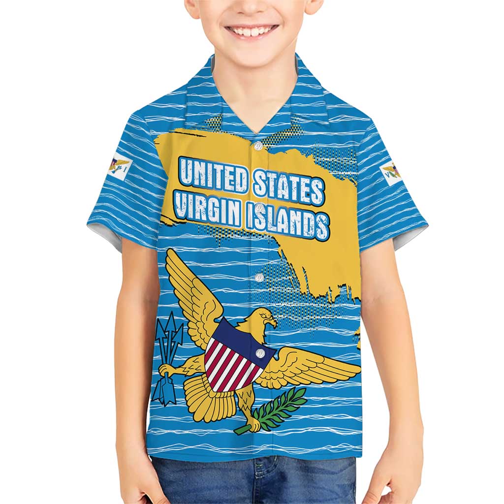 United States Virgin Islands Kid Hawaiian Shirt with Blue Yellow Ocean Design and Eagle Map Pattern - Wonder Print Shop