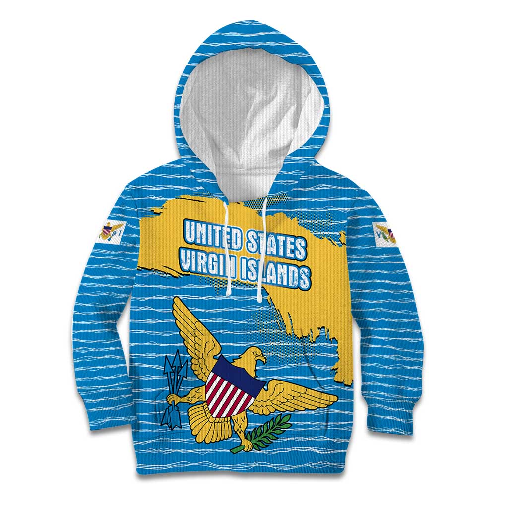 United States Virgin Islands Kid Hoodie with Blue Yellow Ocean Design and Eagle Map Pattern - Wonder Print Shop