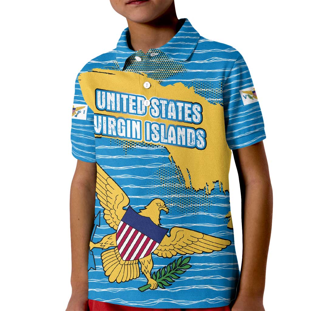 United States Virgin Islands Kid Polo Shirt with Blue Yellow Ocean Design and Eagle Map Pattern - Wonder Print Shop