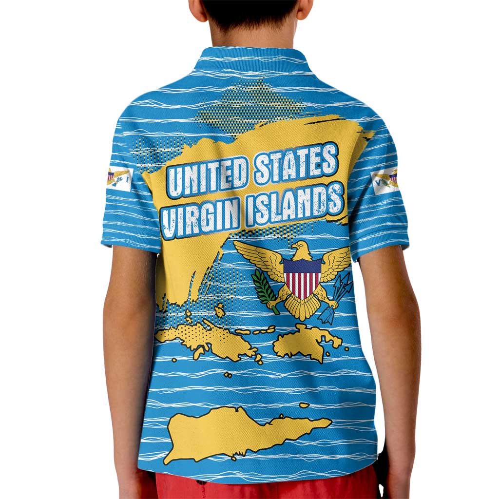 United States Virgin Islands Kid Polo Shirt with Blue Yellow Ocean Design and Eagle Map Pattern - Wonder Print Shop