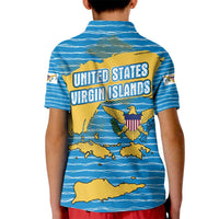 United States Virgin Islands Kid Polo Shirt with Blue Yellow Ocean Design and Eagle Map Pattern - Wonder Print Shop