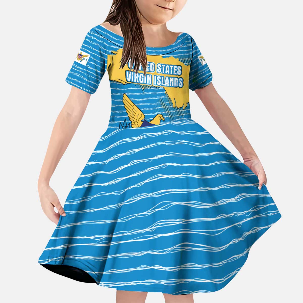 United States Virgin Islands Kid Short Sleeve Dress with Blue Yellow Ocean Design and Eagle Map Pattern - Wonder Print Shop