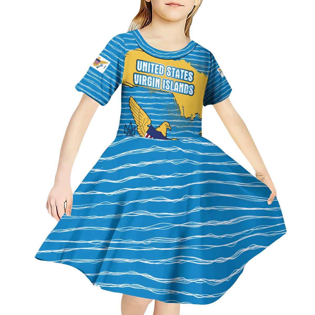 United States Virgin Islands Kid Short Sleeve Dress with Blue Yellow Ocean Design and Eagle Map Pattern - Wonder Print Shop