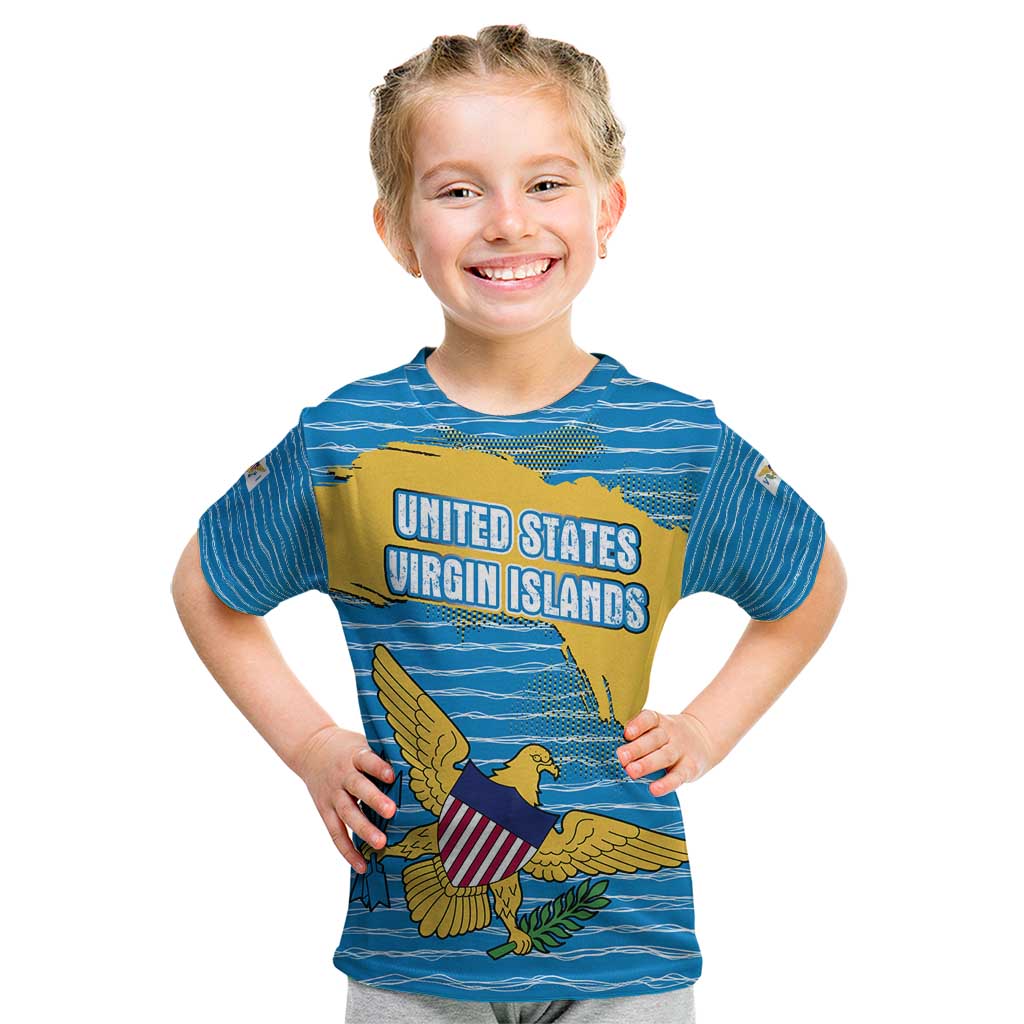 United States Virgin Islands Kid T Shirt with Blue Yellow Ocean Design and Eagle Map Pattern - Wonder Print Shop