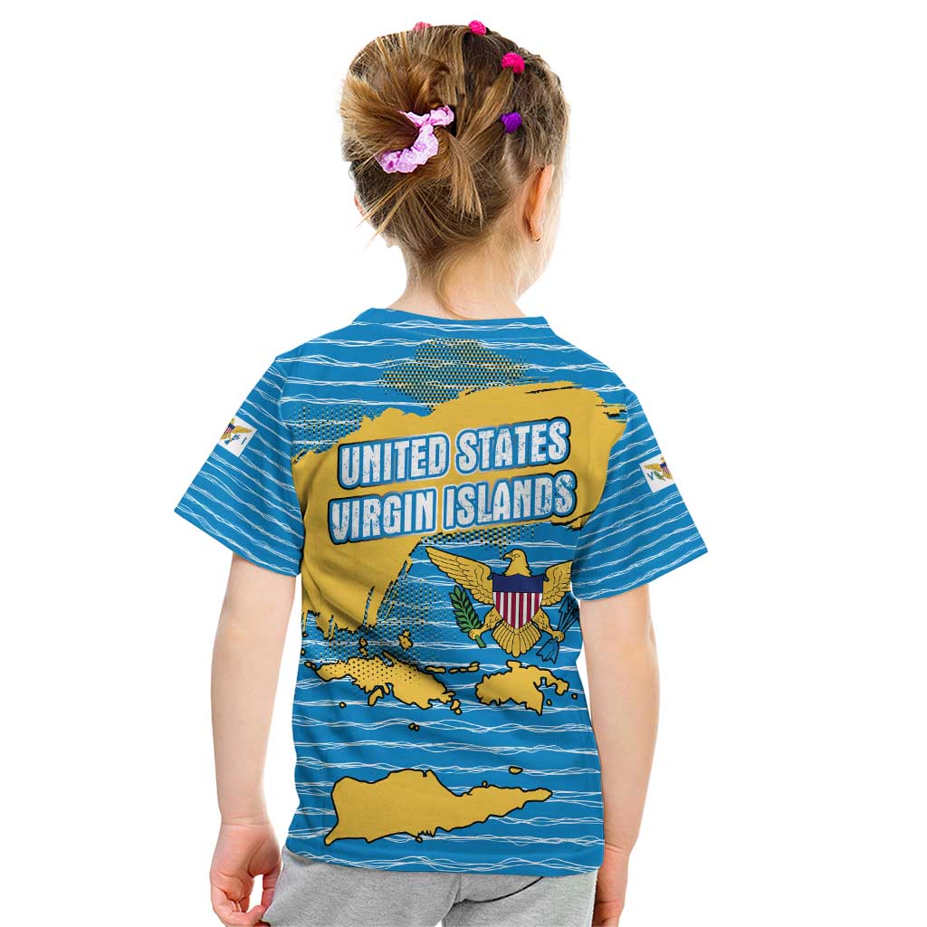 United States Virgin Islands Kid T Shirt with Blue Yellow Ocean Design and Eagle Map Pattern - Wonder Print Shop