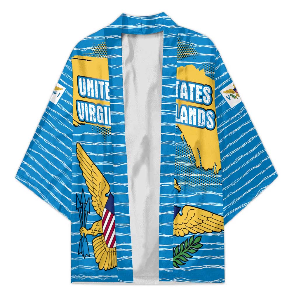 United States Virgin Islands Kimono with Blue Yellow Ocean Design and Eagle Map Pattern - Wonder Print Shop