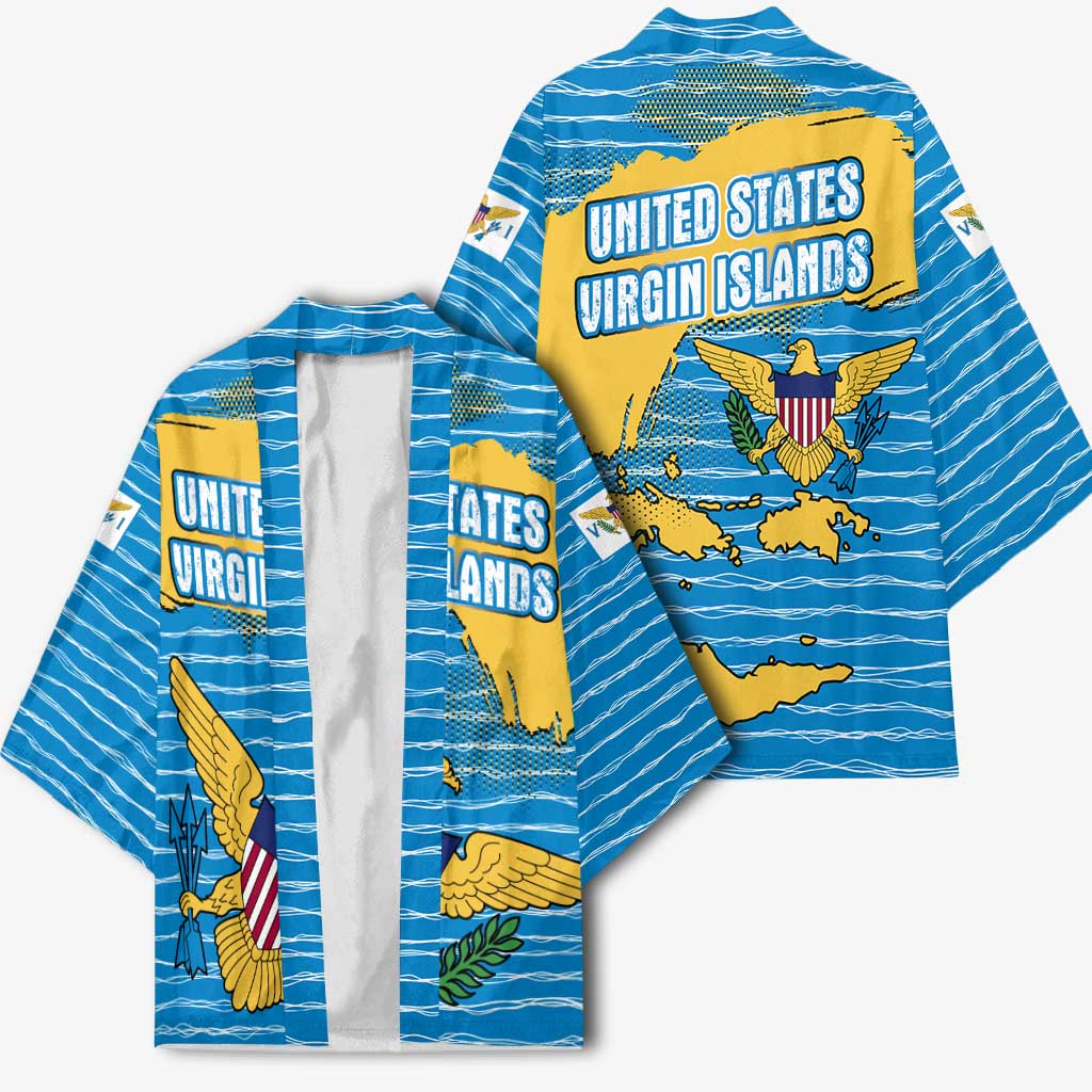 United States Virgin Islands Kimono with Blue Yellow Ocean Design and Eagle Map Pattern - Wonder Print Shop