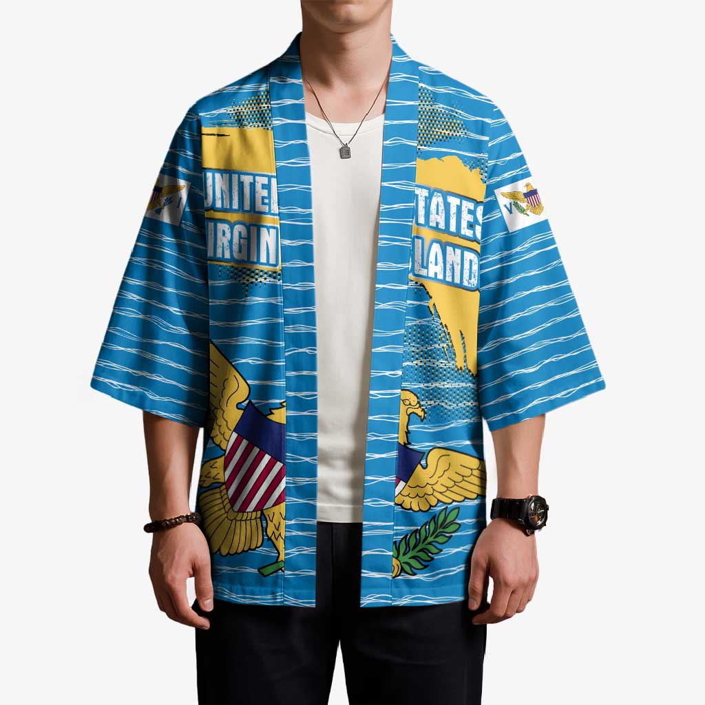 United States Virgin Islands Kimono with Blue Yellow Ocean Design and Eagle Map Pattern - Wonder Print Shop