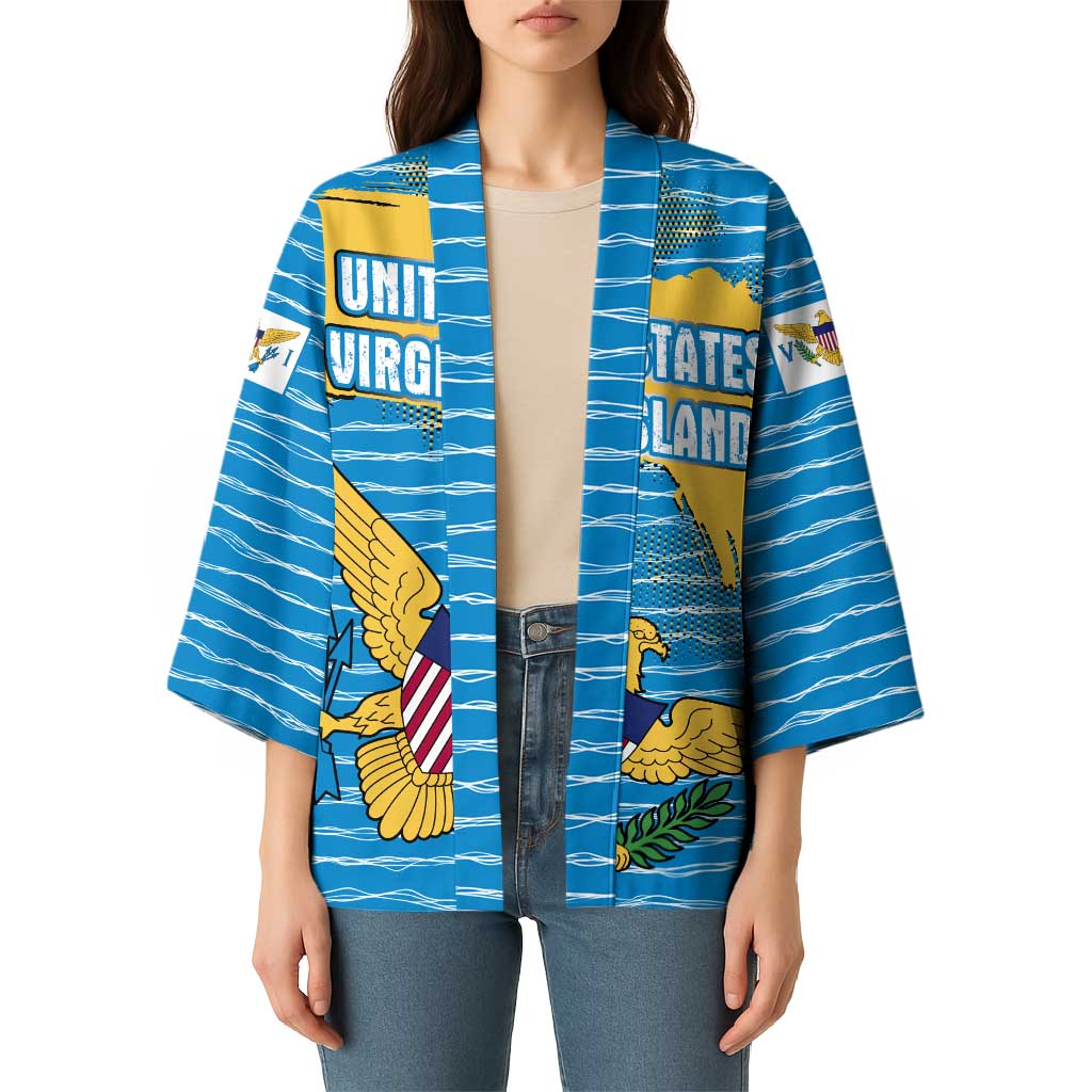United States Virgin Islands Kimono with Blue Yellow Ocean Design and Eagle Map Pattern - Wonder Print Shop
