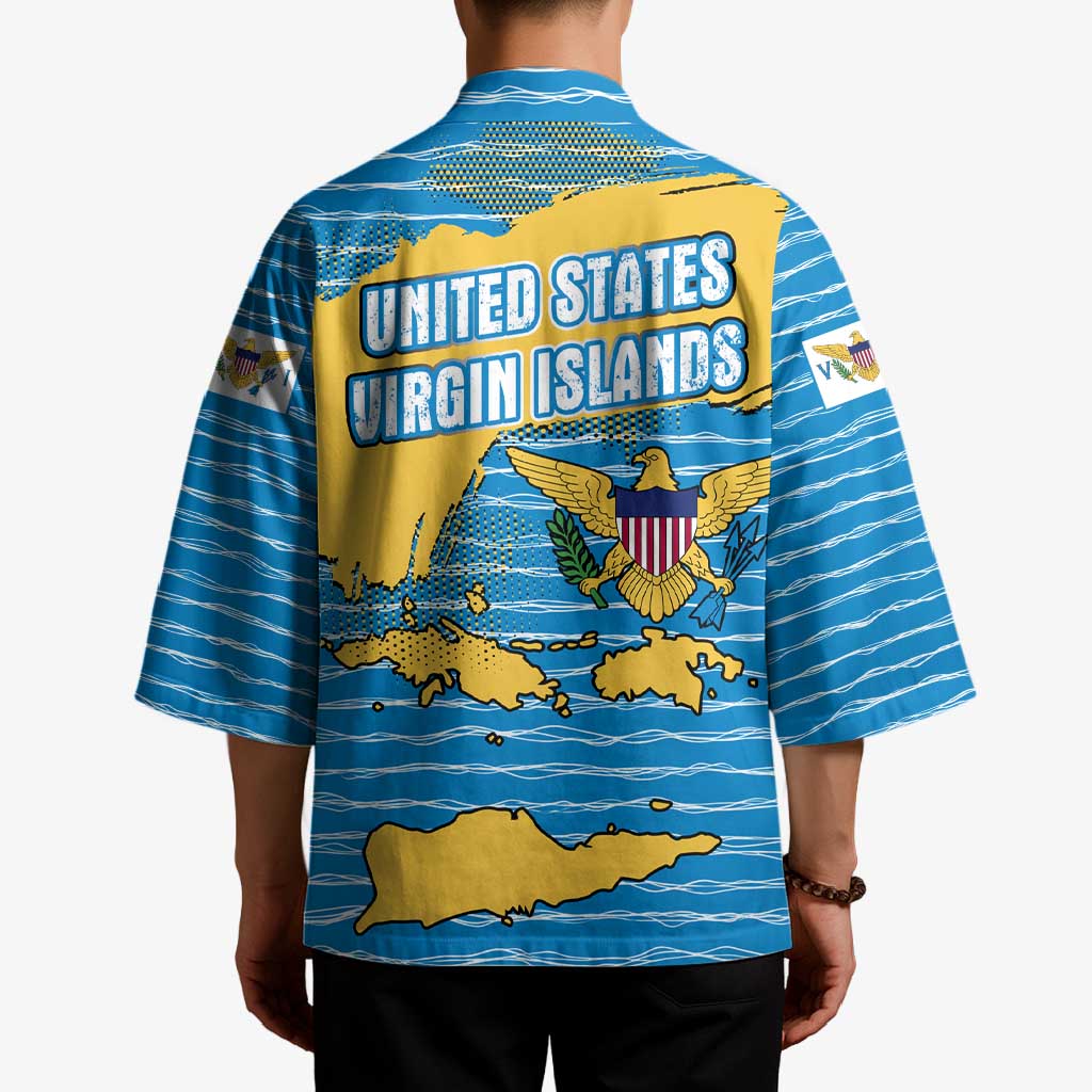 United States Virgin Islands Kimono with Blue Yellow Ocean Design and Eagle Map Pattern - Wonder Print Shop