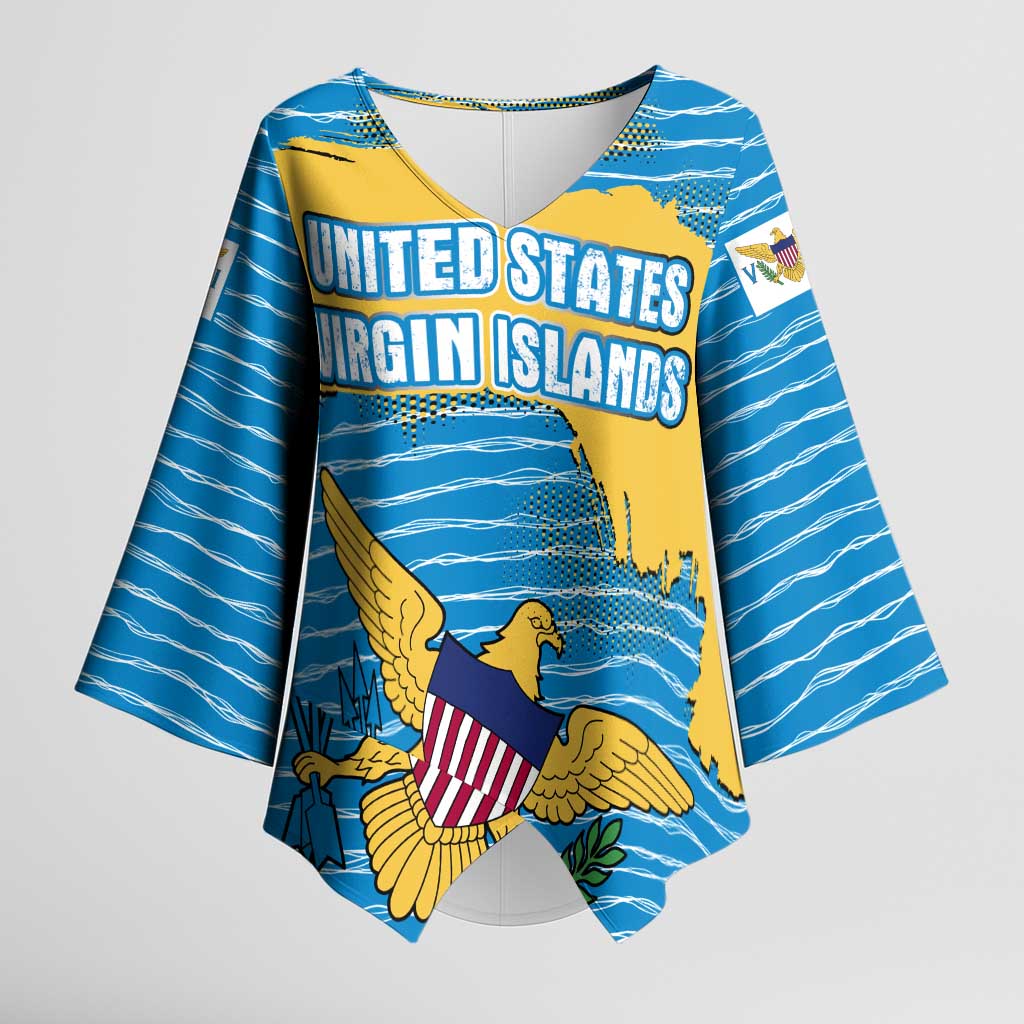 United States Virgin Islands Kimono Sleeve Blouse with Blue Yellow Ocean Design and Eagle Map Pattern - Wonder Print Shop