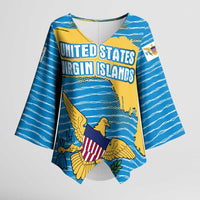 United States Virgin Islands Kimono Sleeve Blouse with Blue Yellow Ocean Design and Eagle Map Pattern - Wonder Print Shop