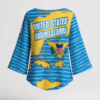 United States Virgin Islands Kimono Sleeve Blouse with Blue Yellow Ocean Design and Eagle Map Pattern - Wonder Print Shop