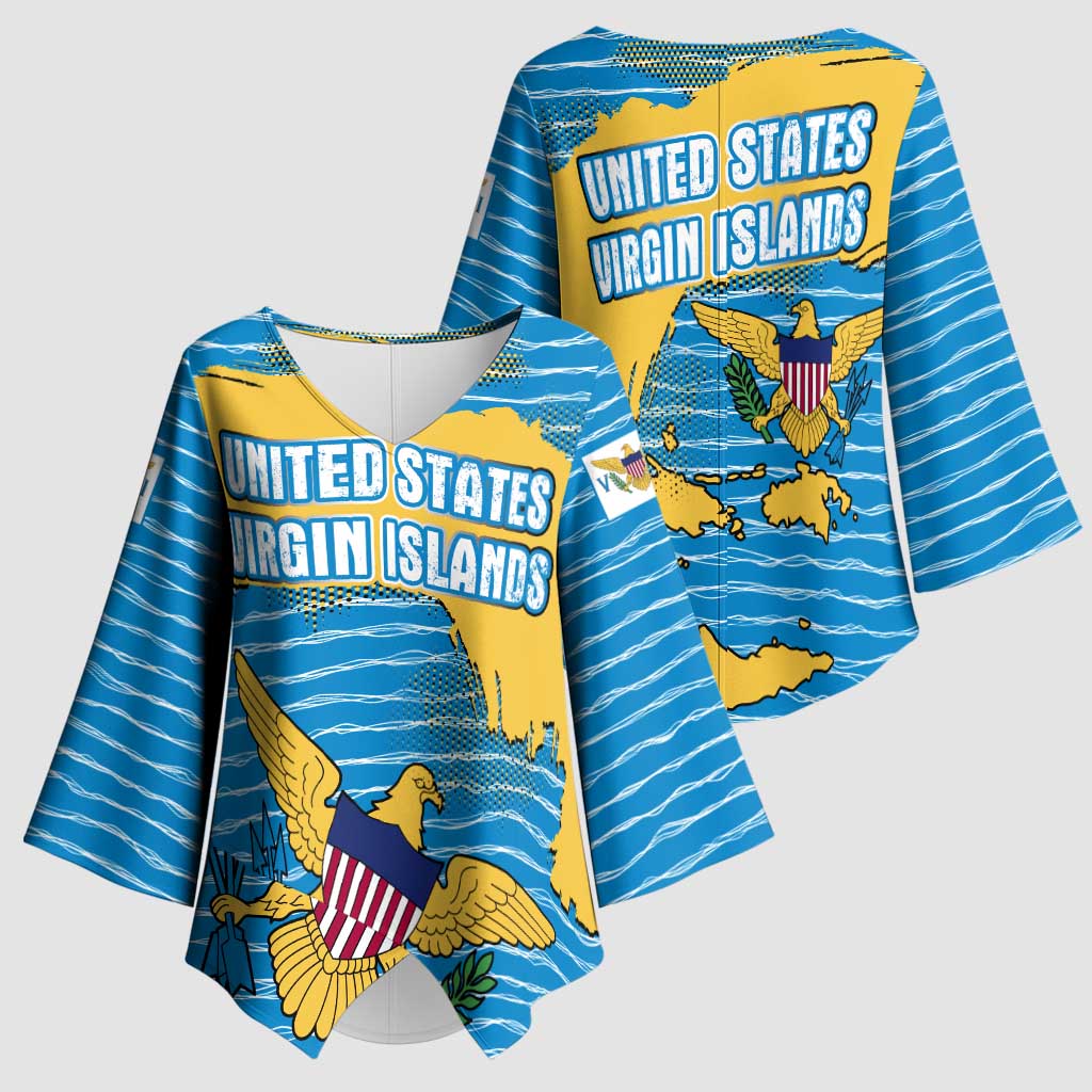 United States Virgin Islands Kimono Sleeve Blouse with Blue Yellow Ocean Design and Eagle Map Pattern - Wonder Print Shop