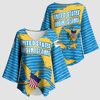 United States Virgin Islands Kimono Sleeve Blouse with Blue Yellow Ocean Design and Eagle Map Pattern - Wonder Print Shop