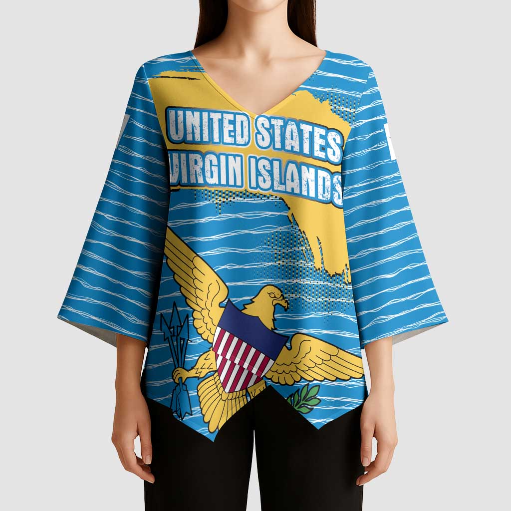 United States Virgin Islands Kimono Sleeve Blouse with Blue Yellow Ocean Design and Eagle Map Pattern - Wonder Print Shop