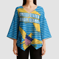 United States Virgin Islands Kimono Sleeve Blouse with Blue Yellow Ocean Design and Eagle Map Pattern - Wonder Print Shop