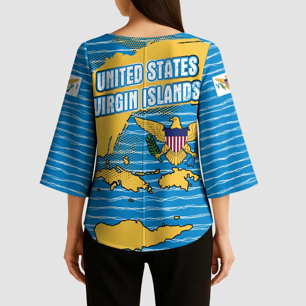 United States Virgin Islands Kimono Sleeve Blouse with Blue Yellow Ocean Design and Eagle Map Pattern - Wonder Print Shop