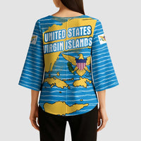 United States Virgin Islands Kimono Sleeve Blouse with Blue Yellow Ocean Design and Eagle Map Pattern - Wonder Print Shop