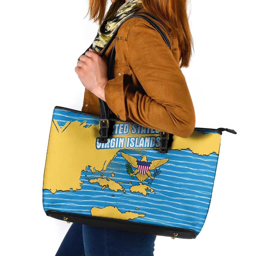 United States Virgin Islands Leather Tote Bag with Blue Yellow Ocean Design and Eagle Map Pattern - Wonder Print Shop
