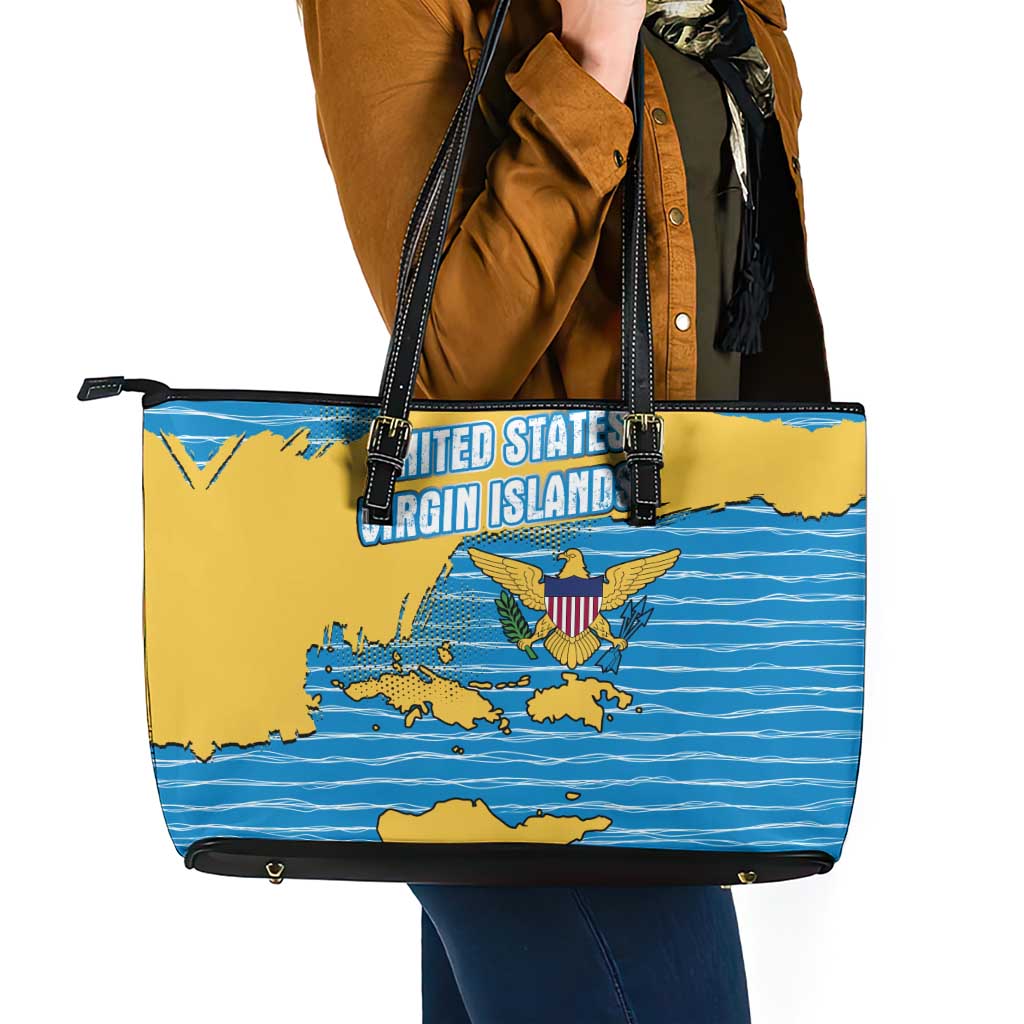 United States Virgin Islands Leather Tote Bag with Blue Yellow Ocean Design and Eagle Map Pattern - Wonder Print Shop