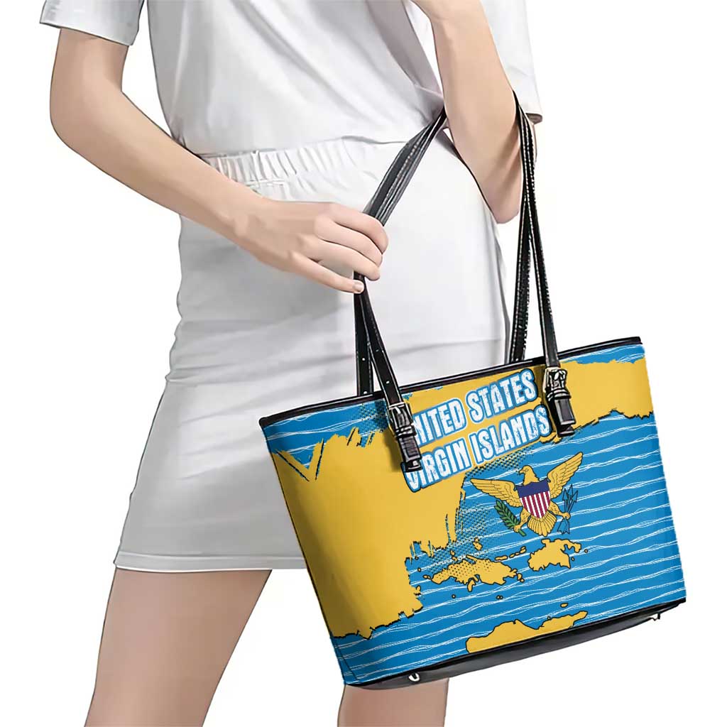 United States Virgin Islands Leather Tote Bag with Blue Yellow Ocean Design and Eagle Map Pattern - Wonder Print Shop