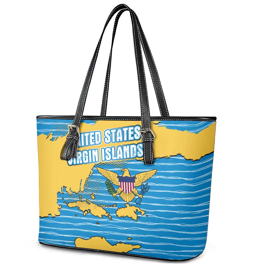 United States Virgin Islands Leather Tote Bag with Blue Yellow Ocean Design and Eagle Map Pattern - Wonder Print Shop