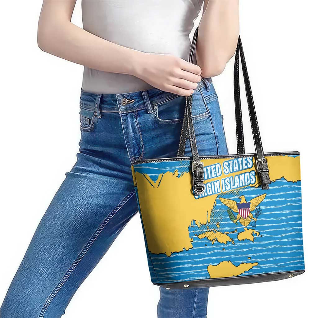 United States Virgin Islands Leather Tote Bag with Blue Yellow Ocean Design and Eagle Map Pattern - Wonder Print Shop